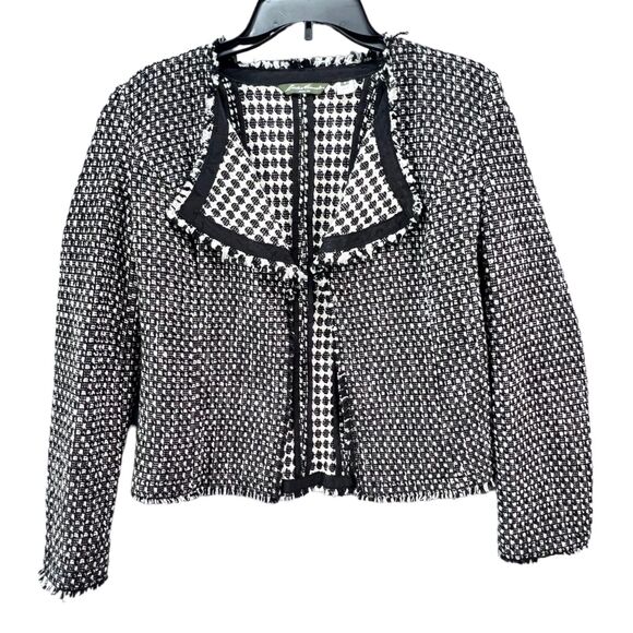 Eddie Bauer Blazer Jacket Womens 2 Black White Geo Wool Blend Tweed Open Front - Picture 1 of 12